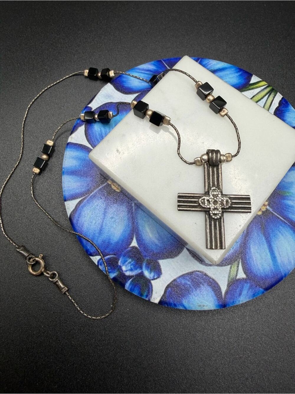 Silpada Cross Necklace with black onyx square beads #S08 925 Sterling silver